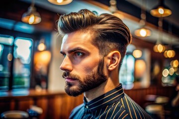 Fototapeta premium Stylish men fade haircut showcasing modern grooming trends for contemporary hairstyles in barbershops