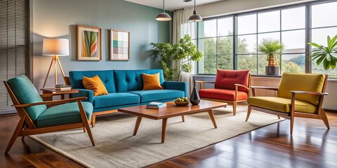 Stylish Mid-Century Modern Furniture Set Featuring Sofa, Chairs, Coffee Table, and Side Table Design