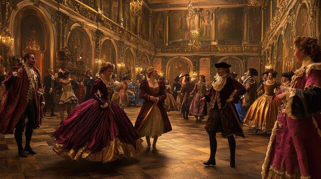 A vibrant ballroom scene featuring elegantly dressed dancers in historical costumes, showcasing a lively celebration in a grand setting.