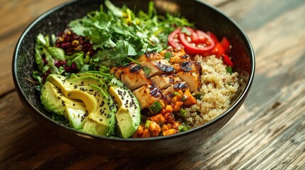 A vibrant bowl filled with grilled chicken, quinoa, fresh vegetables, and avocado, ideal for healthy eating and meal prep.