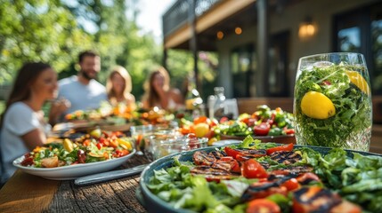 A vibrant outdoor dining scene featuring delicious salads, grilled meats, and happy friends enjoying a meal together.