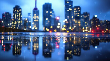 Fototapeta premium A vibrant city skyline illuminated at night, reflected in a rain-soaked street, creating a stunning urban scene.