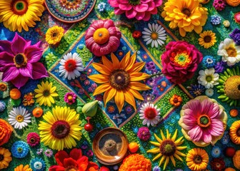 Bright bohemian summer backdrop with vivid floral patterns and sunlit textures, tailored for design projects. This lively scene adds a cheerful and artistic touch.