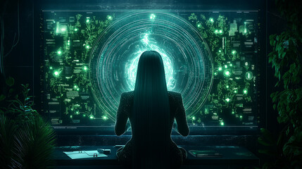 Employee on video call with futuristic interface and green visuals.