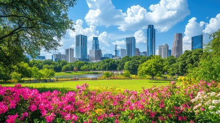 A vibrant city skyline with colorful flowers and lush greenery in the foreground under a bright, sunny sky.