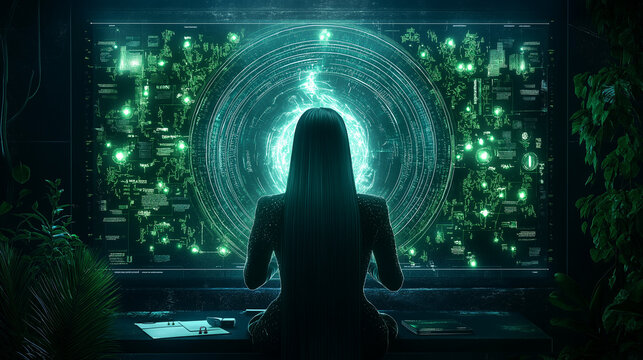 Employee on video call with futuristic interface and green visuals.