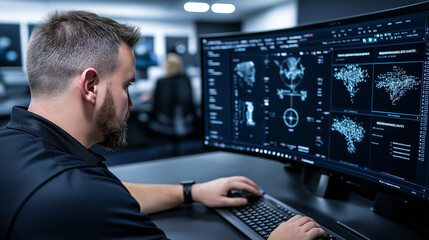 Employee on video call analyzing data on computer screens.