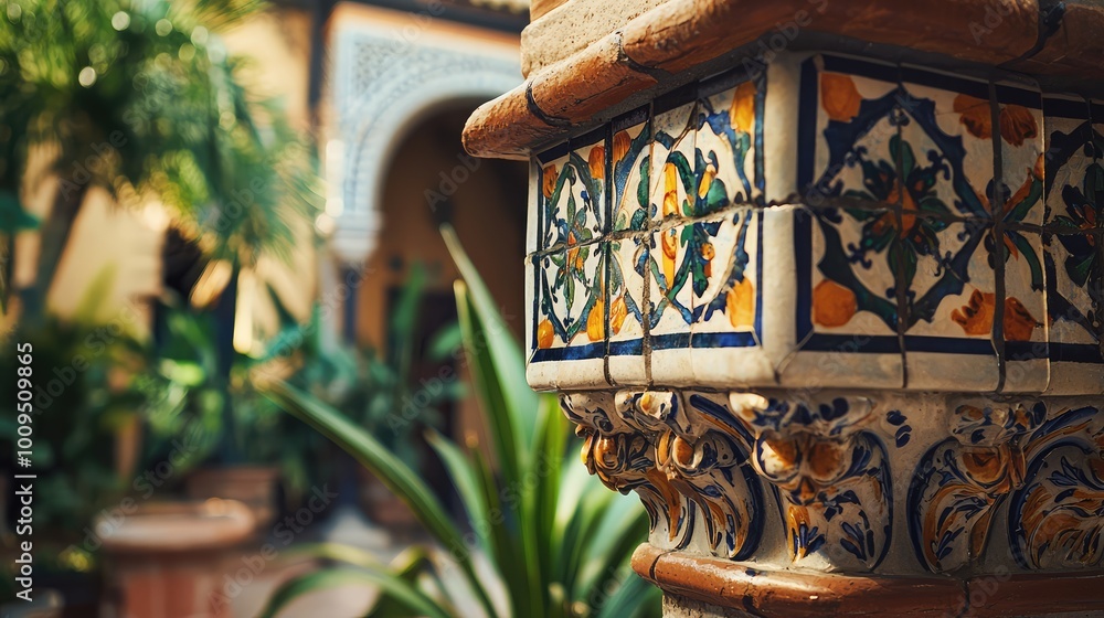 Poster a vibrant close-up of decorative tiles on a column, showcasing intricate patterns and rich colors in