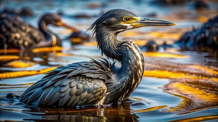 A bird coated in thick black oil struggles in the water, showcasing the devastating effects of pollution on wildlife as it fights for survival
