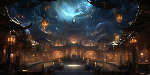 A magical, moonlit night in a fantastical city with floating lanterns.