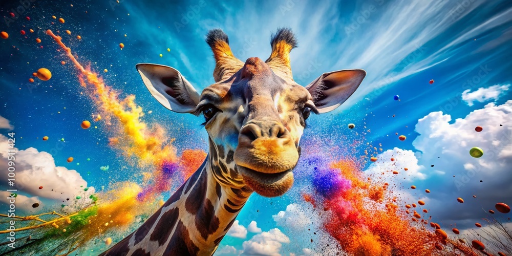 Poster surreal artistic representation of an exploding giraffe head with colorful and dynamic elements