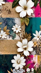 Fototapeta premium A tropical floral arrangement with large green leaf