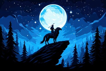 Silhouetted Rider on a Mountaintop Under a Full Moon