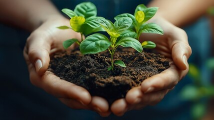 Plant Seedlings In Human Hands.  Illustration On The Theme Of Nature And Ecology, Plants And Climate. Generative AI	
