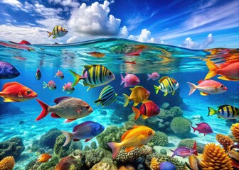 Brightly colored fish glide elegantly through the crystal-clear, azure waters of a lively underwater world teeming with diverse marine life and stunning coral formations.