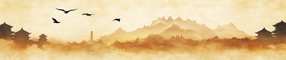 Silhouettes of temples and mountains with birds flying over them, a hazy, ethereal landscape in golden tones.