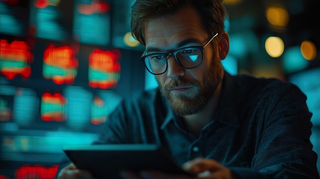 Man Sitting At Tablet In Office. Illustration On Business, Technology, Man And Equipment.  Generative AI