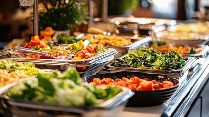 Obraz premium A vibrant salad bar showcasing fresh vegetables, colorful toppings, and healthy choices for a nutritious meal.