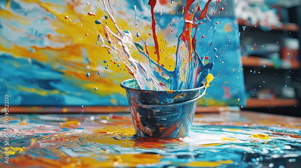 Poster a vibrant splash of colorful paint from a metal bucket, creating a dynamic abstract scene filled wit