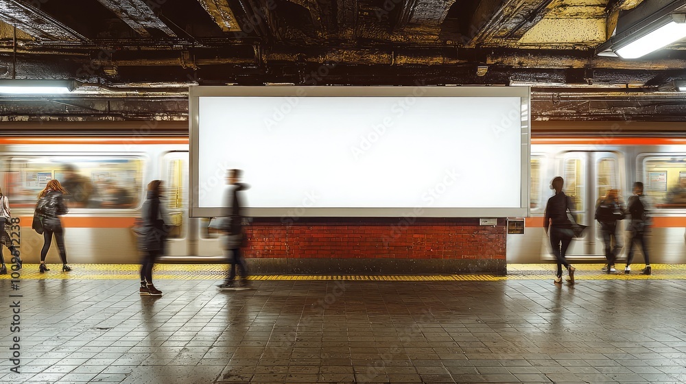 Poster a vibrant subway station scene with commuters moving past an empty billboard, capturing urban life a
