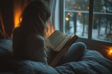 Female reading book on bed at night, Generative AI