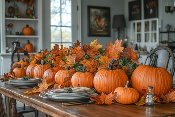 an inviting autumn dining table overflowing with decorative pumpkins surrounded by vibrant fall leaves creating a festive atmosphere perfect for seasonal celebrations