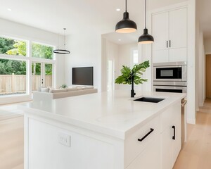 Beautiful and bright open concept living room in new luxury home with view of eating nook and kitchen Kitchen has large island and cabinets, stainless steel appliances