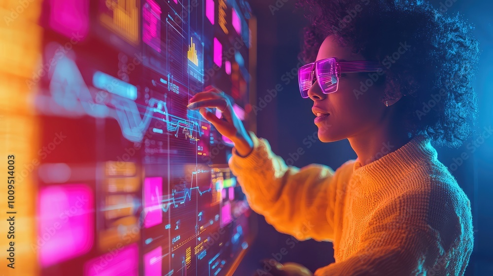 Poster a woman interacts with a futuristic touchscreen interface displaying vibrant data visualizations in 