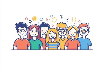 Fototapeta premium A group of friends having fun together with a white background cute, and colorful, with a minimalistic style, line art, bold lines, and solid colors Generative AI