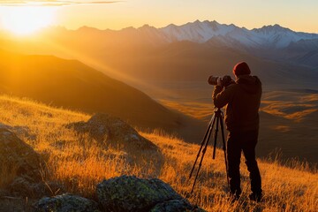 A photographer capturing a sunrise over mountains in a serene landscape.