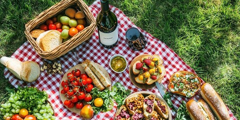 Fototapeta premium A picnic spread featuring fresh produce, bread, wine, and salads on a checkered blanket.