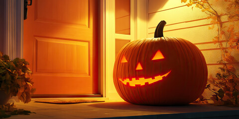 Obraz premium A large orange pumpkin sitting on a doorstep, lit by a warm orange glow from a porch light, welcoming trick-or-treaters to the house.