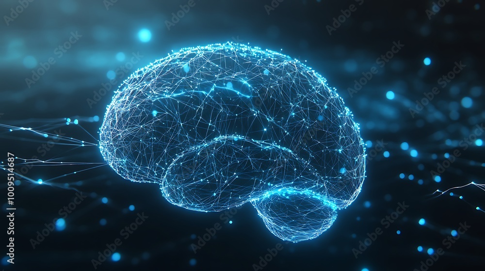 Poster high-tech neural network connections reflecting evolution of artificial intelligence solutions
