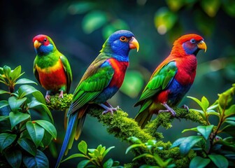 Brilliant African birds nestled amid rich green foliage, highlighting the splendor of nature. Their lively presence adds charm to their untouched habitat.