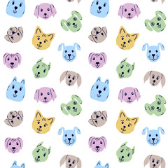 Seamless pattern with  dog faces in doodle  style on white background.