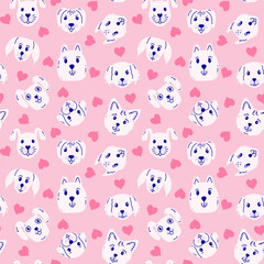 Fototapeta premium Seamless pattern with dog faces and hearts on pink background.