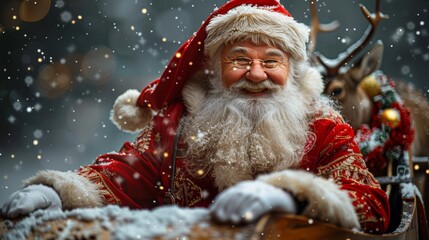 Close up of Santa Claus with snowflakes and bright sunlight bokeh creating a magical atmosphere, Merry Christmas, Happy new Year, banner, empty space