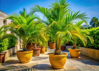 Obraz premium Bring tropical vibes outdoors with potted palm trees, enhancing your spaceâ€™s natural beauty and creating a lush, serene environment for relaxation and enjoyment.