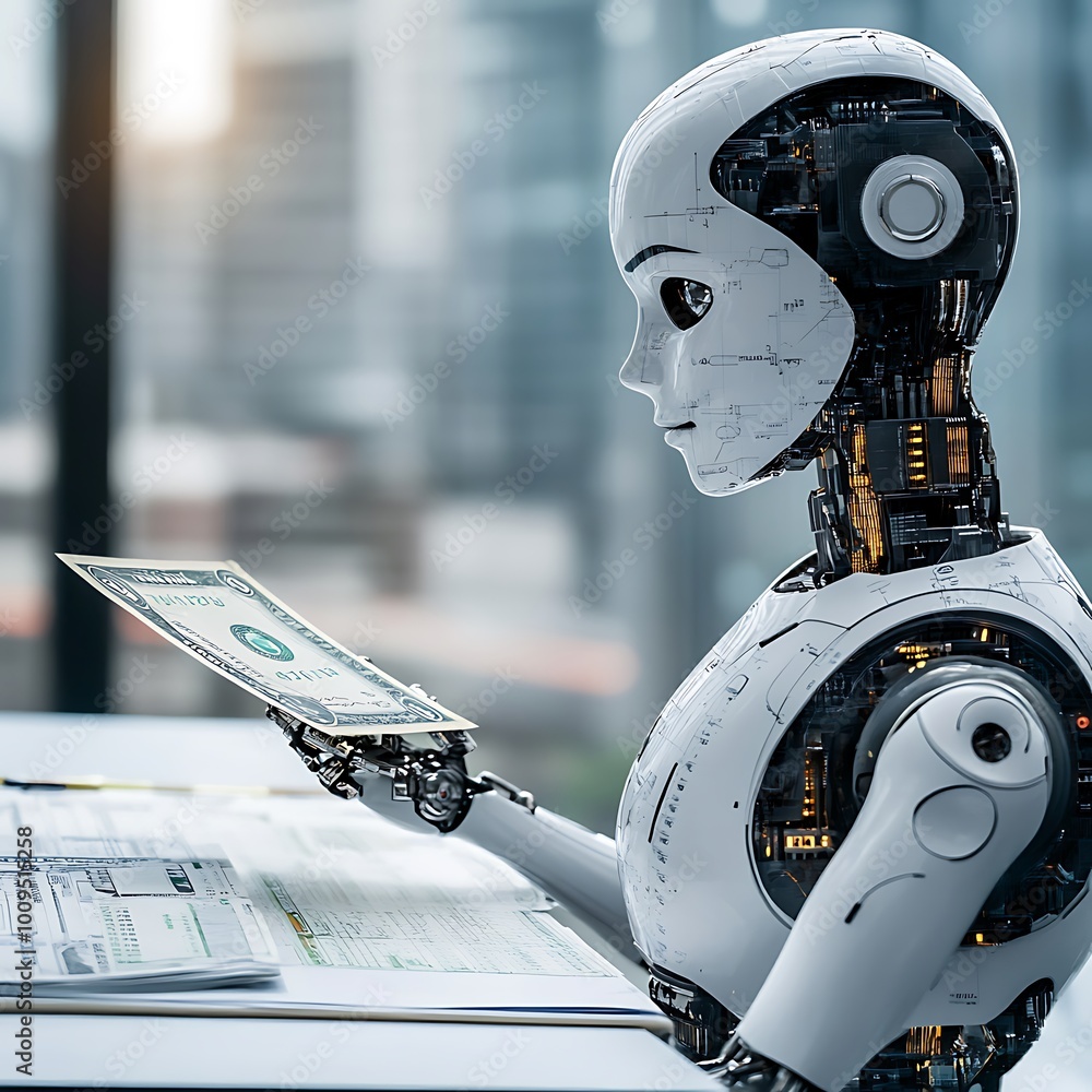Poster high-tech robot analyzing currency trends with virtual banknote interface