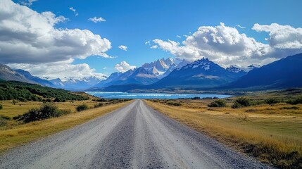 Majestic Patagonian Panorama: Winding Road, Towering Mountains, and Serene Lake