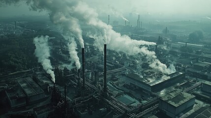 Aerial view of an industrial area with smoke billowing from factories, highlighting pollution and urban development.