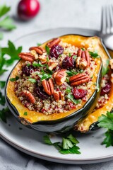 roasted acorn squash stuffed with quinoa, cranberries, and pecans, drizzled with a maple glaze