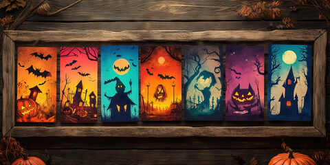 A row of colorful Halloween postcards arranged in a rustic wooden frame, depicting spooky scenes and iconic symbols of the holiday.