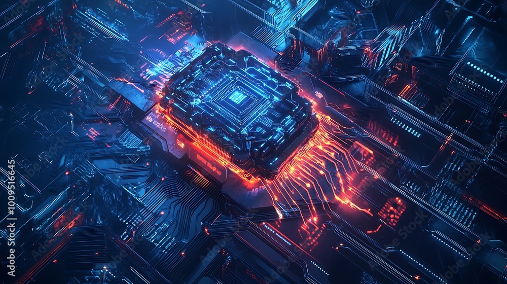 Aufkleber innovative circuit board featuring dynamic glowing microchip technology layout
