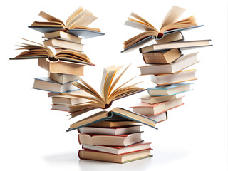 Fototapeta premium A creative arrangement of open books flying over a stack of closed books, suspended in mid-air against a white background.