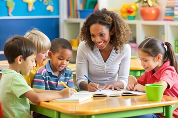 Teacher mentoring school children in a class