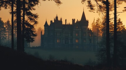 Fototapeta premium An eerie mansion silhouette against a stunning sunset, surrounded by dark trees, creating a mysterious and enchanting atmosphere.