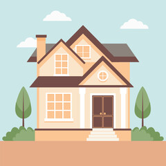 Cozy country house among green trees and bushes. Rural cozy cottage. Flat style illustration