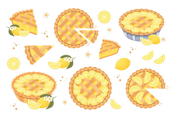 Set of baked lemon pie, pie pieces and lemons. Food, dessert, sweet. Flat illustration, sweet snack icons