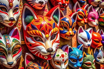 Traditional Kitsune Mask with Intricate Designs and Vibrant Colors for Cultural Art and Festivals
